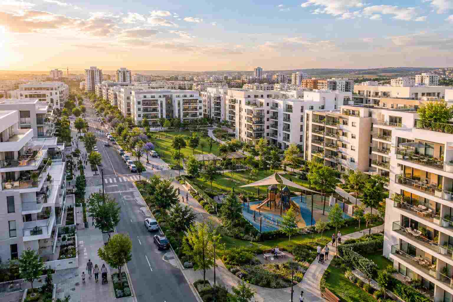 תמונת hero אווירית של שכונה מתוכננת עם בניינים לבנים מודרניים, פארק ירוק, גינת משחקים ומשפחות הטיילות - מתאים מאוד לטון ולמסרים של הכתבה (תכנון, ירוק, קהילתיות, צעירות).